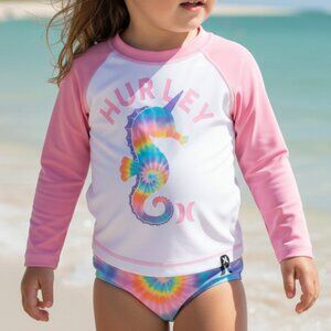 Hurley Girl's Long Sleeve & Hat 3-piece Swim Set Mermaid Size 2T UPF 50+